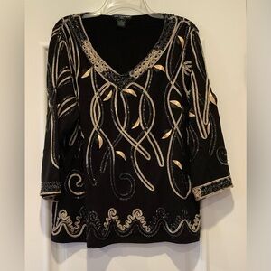 Saint Tropez West Black Gold Blouse Top Size 1X Pullover 3/4 Sleeves Sequins